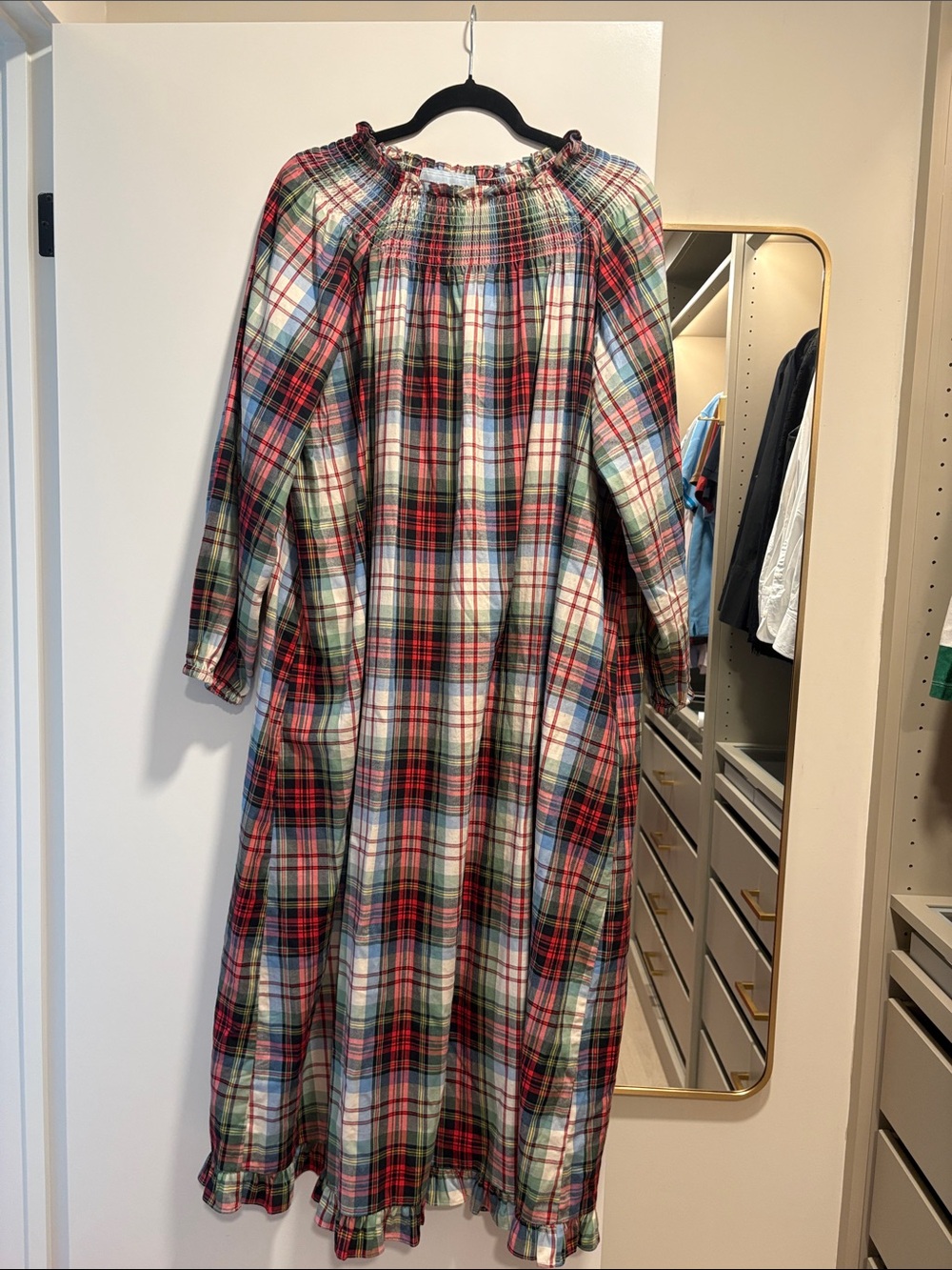 Hill House Plaid Smocked Neck Dress - Red, Green & Cream